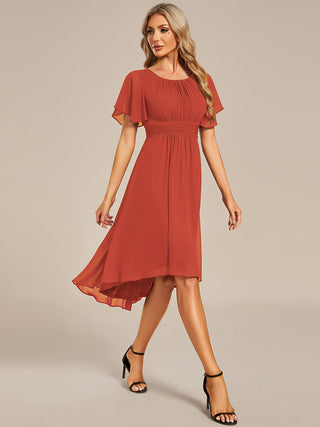 Short Sleeve Ruffle Pleated Round Neck A-Line High-Low Wedding Guest Dresses