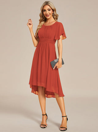 Short Sleeve Ruffle Pleated Round Neck A-Line High-Low Wedding Guest Dresses