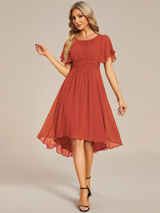 Short Sleeve Ruffle Pleated Round Neck A-Line High-Low Wedding Guest Dresses