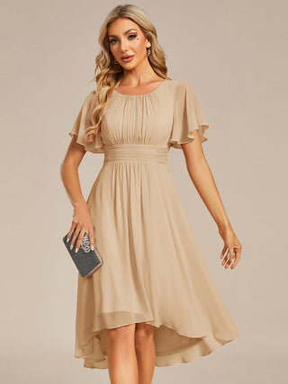 Short Sleeve Ruffle Pleated Round Neck A-Line High-Low Wedding Guest Dresses