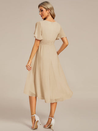 Short Sleeve Ruffle Pleated Round Neck A-Line High-Low Wedding Guest Dresses