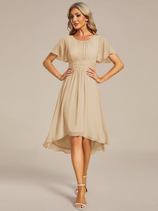 Short Sleeve Ruffle Pleated Round Neck A-Line High-Low Wedding Guest Dresses