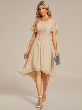 Short Sleeve Ruffle Pleated Round Neck A-Line High-Low Wedding Guest Dresses