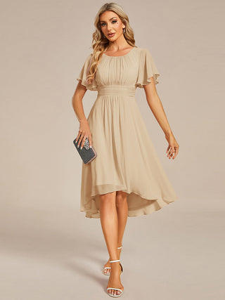 Short Sleeve Ruffle Pleated Round Neck A-Line High-Low Wedding Guest Dresses