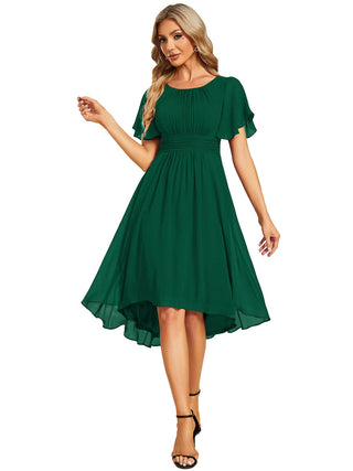 Short Sleeve Ruffle Pleated Round Neck A-Line High-Low Wedding Guest Dresses