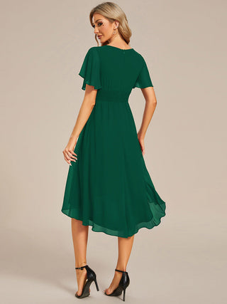 Short Sleeve Ruffle Pleated Round Neck A-Line High-Low Wedding Guest Dresses