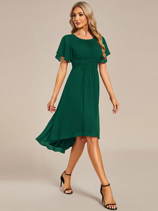 Short Sleeve Ruffle Pleated Round Neck A-Line High-Low Wedding Guest Dresses