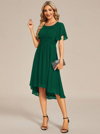 Short Sleeve Ruffle Pleated Round Neck A-Line High-Low Wedding Guest Dresses