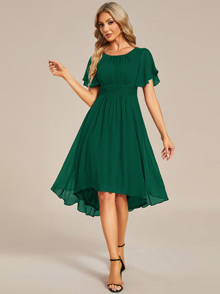 Short Sleeve Ruffle Pleated Round Neck A-Line High-Low Wedding Guest Dresses