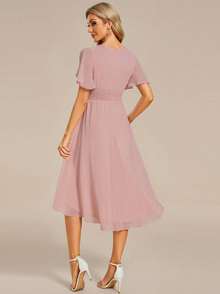 Short Sleeve Ruffle Pleated Round Neck A-Line High-Low Wedding Guest Dresses