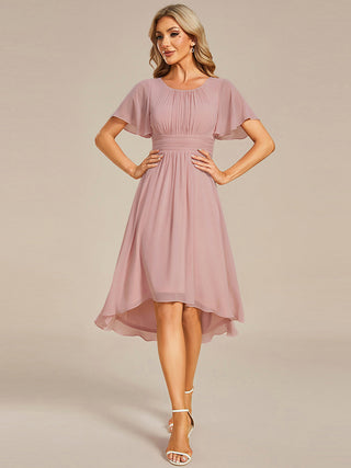 Short Sleeve Ruffle Pleated Round Neck A-Line High-Low Wedding Guest Dresses
