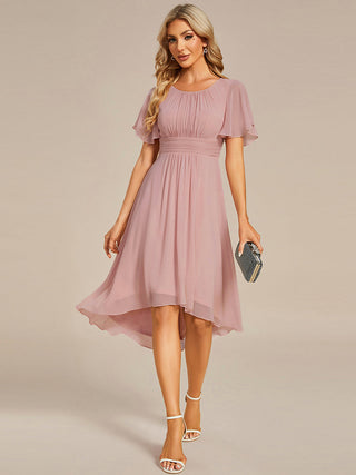 Short Sleeve Ruffle Pleated Round Neck A-Line High-Low Wedding Guest Dresses
