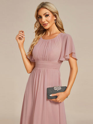Short Sleeve Ruffle Pleated Round Neck A-Line High-Low Wedding Guest Dresses