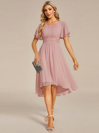 Short Sleeve Ruffle Pleated Round Neck A-Line High-Low Wedding Guest Dresses