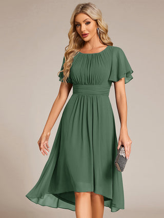 Short Sleeve Ruffle Pleated Round Neck A-Line High-Low Wedding Guest Dresses