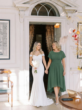 Short Sleeve Ruffle Pleated Round Neck A-Line High-Low Wedding Guest Dresses