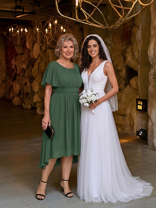 Short Sleeve Ruffle Pleated Round Neck A-Line High-Low Wedding Guest Dresses