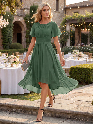 Short Sleeve Ruffle Pleated Round Neck A-Line High-Low Wedding Guest Dresses