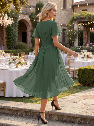 Short Sleeve Ruffle Pleated Round Neck A-Line High-Low Wedding Guest Dresses