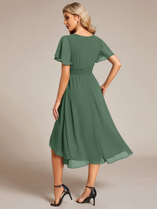 Short Sleeve Ruffle Pleated Round Neck A-Line High-Low Wedding Guest Dresses