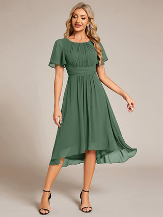 Short Sleeve Ruffle Pleated Round Neck A-Line High-Low Wedding Guest Dresses