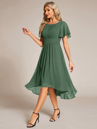 Short Sleeve Ruffle Pleated Round Neck A-Line High-Low Wedding Guest Dresses