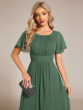Short Sleeve Ruffle Pleated Round Neck A-Line High-Low Wedding Guest Dresses