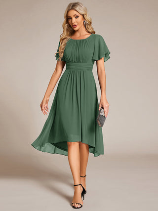 Short Sleeve Ruffle Pleated Round Neck A-Line High-Low Wedding Guest Dresses