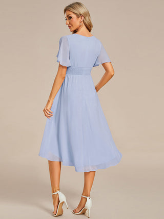 Short Sleeve Ruffle Pleated Round Neck A-Line High-Low Wedding Guest Dresses