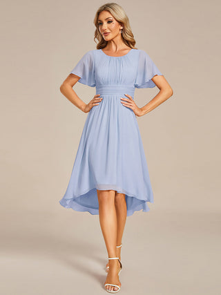 Short Sleeve Ruffle Pleated Round Neck A-Line High-Low Wedding Guest Dresses