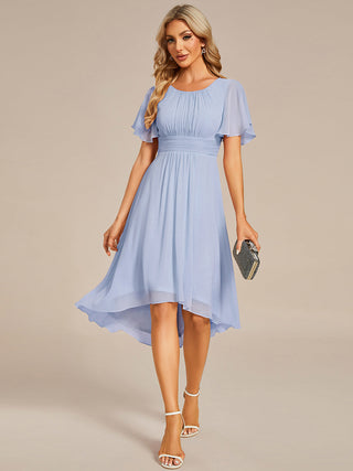 Short Sleeve Ruffle Pleated Round Neck A-Line High-Low Wedding Guest Dresses