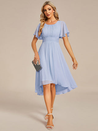 Short Sleeve Ruffle Pleated Round Neck A-Line High-Low Wedding Guest Dresses