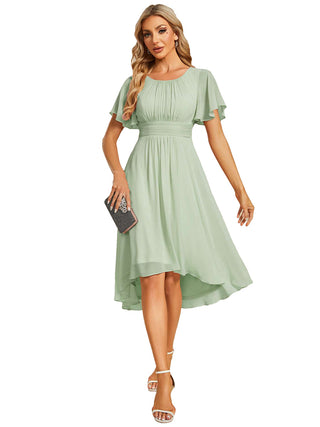 Short Sleeve Ruffle Pleated Round Neck A-Line High-Low Wedding Guest Dresses