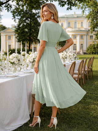 Short Sleeve Ruffle Pleated Round Neck A-Line High-Low Wedding Guest Dresses