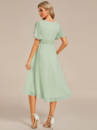 Short Sleeve Ruffle Pleated Round Neck A-Line High-Low Wedding Guest Dresses