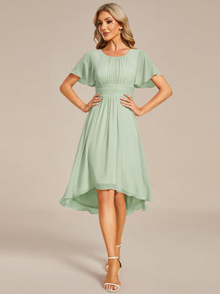 Short Sleeve Ruffle Pleated Round Neck A-Line High-Low Wedding Guest Dresses