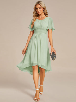 Short Sleeve Ruffle Pleated Round Neck A-Line High-Low Wedding Guest Dresses