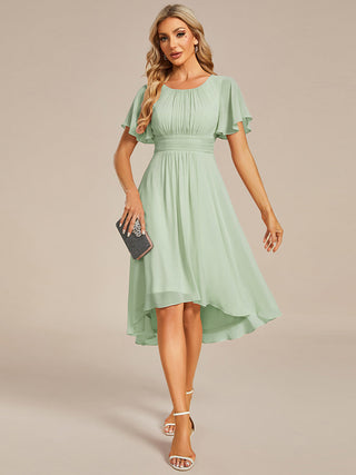 Short Sleeve Ruffle Pleated Round Neck A-Line High-Low Wedding Guest Dresses