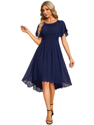 Short Sleeve Ruffle Pleated Round Neck A-Line High-Low Wedding Guest Dresses