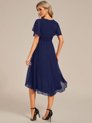 Short Sleeve Ruffle Pleated Round Neck A-Line High-Low Wedding Guest Dresses