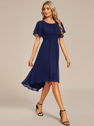 Short Sleeve Ruffle Pleated Round Neck A-Line High-Low Wedding Guest Dresses