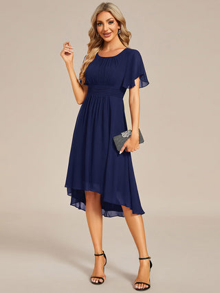 Short Sleeve Ruffle Pleated Round Neck A-Line High-Low Wedding Guest Dresses