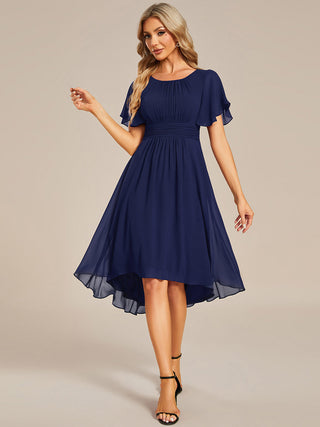 Short Sleeve Ruffle Pleated Round Neck A-Line High-Low Wedding Guest Dresses