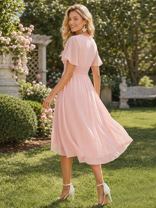 Short Sleeve Ruffle Pleated Round Neck A-Line High-Low Wedding Guest Dresses