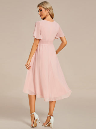 Short Sleeve Ruffle Pleated Round Neck A-Line High-Low Wedding Guest Dresses