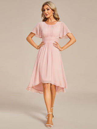 Short Sleeve Ruffle Pleated Round Neck A-Line High-Low Wedding Guest Dresses