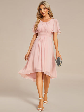 Short Sleeve Ruffle Pleated Round Neck A-Line High-Low Wedding Guest Dresses