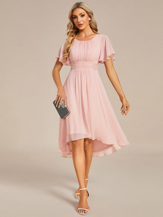 Short Sleeve Ruffle Pleated Round Neck A-Line High-Low Wedding Guest Dresses
