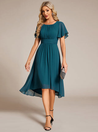 Short Sleeve Ruffle Pleated Round Neck A-Line High-Low Wedding Guest Dresses