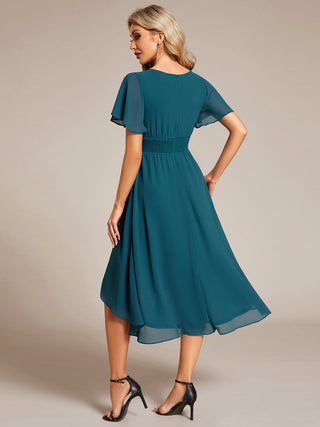 Short Sleeve Ruffle Pleated Round Neck A-Line High-Low Wedding Guest Dresses